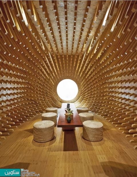 تبدیل یک اتاق مستطیل شکل به اتاق چای بیضی با 999 قطعه چوبی