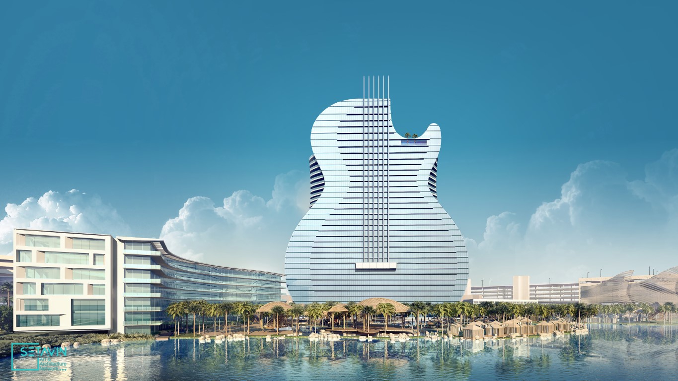 هتل , guitar shaped hotel , طراحی هتل , hotel , هتل گیتاری , guitar shaped , فرم گیتار , Hard Rock Hotel , هارد راک , Casino , هتل گیتار , شبکه هنر و معماری ستاوین , Hard Rock , ستاوین , نورپردازی , هالیوود , فلوریدا , موسیقی , هارد راک , گیتارشکل , کازینو , منطقه تامپا