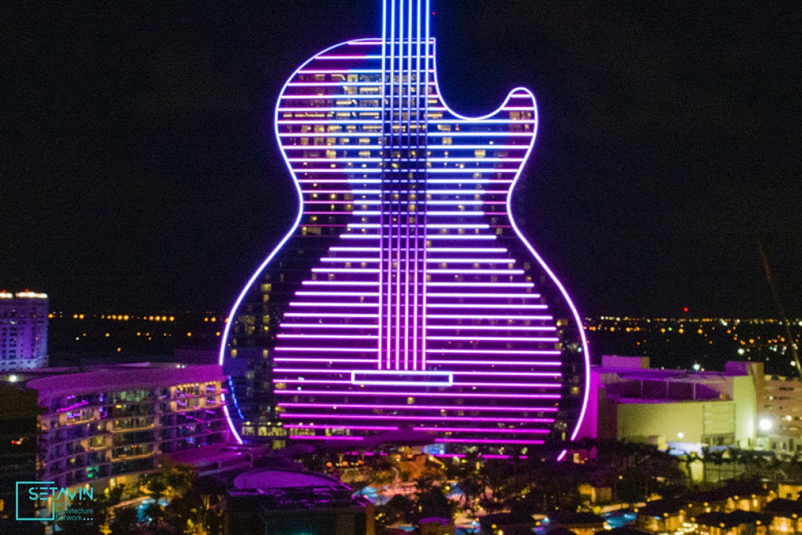 هتل , guitar shaped hotel , طراحی هتل , hotel , هتل گیتاری , guitar shaped , فرم گیتار , Hard Rock Hotel , هارد راک , Casino , هتل گیتار , شبکه هنر و معماری ستاوین , Hard Rock , ستاوین , نورپردازی , هالیوود , فلوریدا , موسیقی , هارد راک , گیتارشکل , کازینو , منطقه تامپا