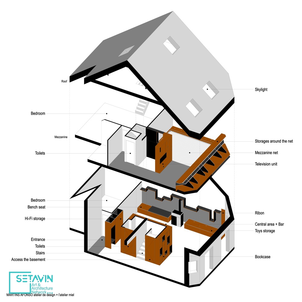 مسکونی Net House , اثر آتلیه MARTINS AFONSO و miel , فرانسه ,  آتلیه MARTINS AFONSO , مسکونی , Net House , خانه , بازسازی , spaces , معماران , تور , mezzanine net , تور بازی ,  living room , ساختمان مسکونی , ستاوین , طراحی معماری