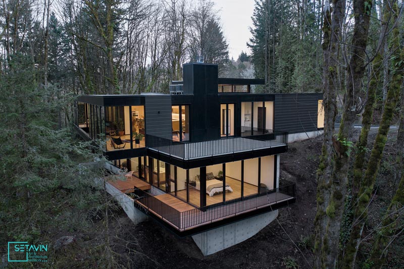 آمریکا , Portland , پورتلند , خانه مدرن جنگلی Oregon , اثر William-Kaven Architecture , مسکونی , خانه مدرن جنگلی , Royal Residence , خانه جنگلی , exterior terraces , تراس های خارجی , balconies , بالکن ها , forest , جنگل , ستاوین , معماری , پروژه های معماری , سبک مدرن , معمار