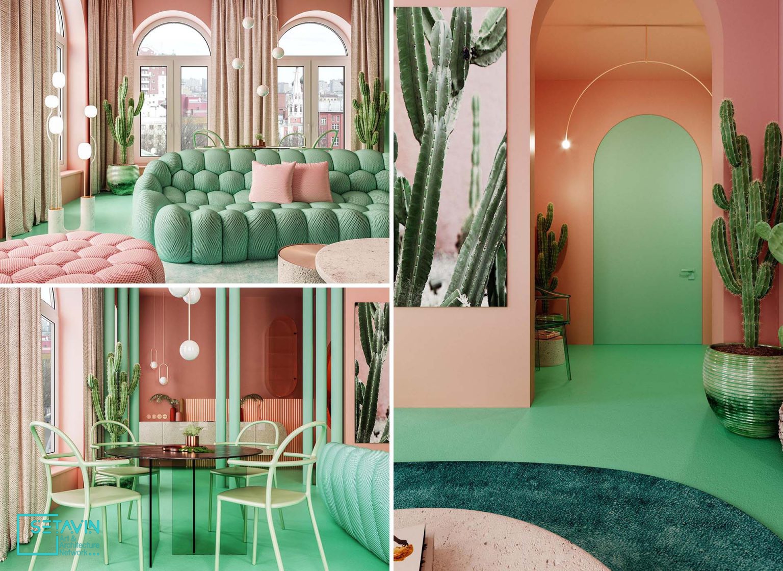 طراحی داخلی آپارتمانی در نیویورک با ترکیب رنگی صورتی پاستلی و سبز نعنایی