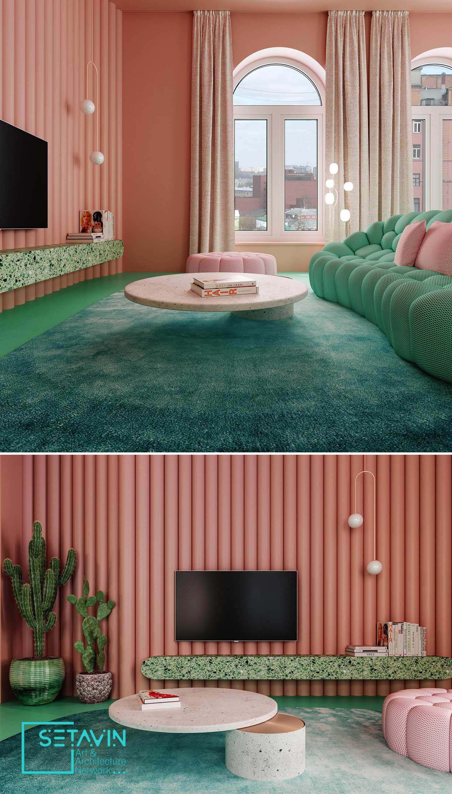 طراحی داخلی آپارتمانی در نیویورک با ترکیب رنگی صورتی پاستلی و سبز نعنایی