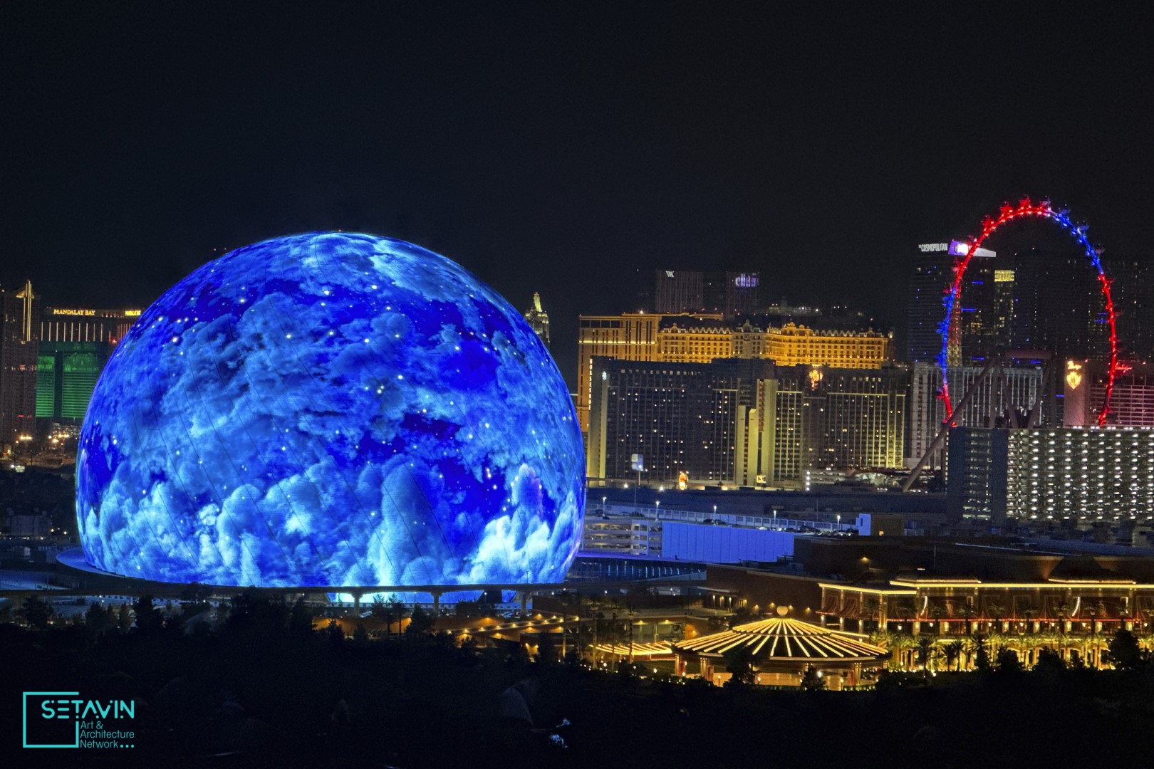 کره مجتمع رفاهی ونیشین , Sphere at The Venetian Resort , کره , Architecture , مجتمع رفاهی , Sphere , اسفیر , Madison Square Garden ,  سازه کروی شکل , MSG Sphere , دفتر معماری تخصصی Populous , بزرگترین سازه کروی جهان , کره غول پیکر , Venetian Resort ,  دفتر معماری , Populous , آمریکا , HallLED , کرده ال ای دی , لاس وگاس , Media Architecture , معماری رسانه ای , Las Vegas , مرکز فرهنگی , Event Space , سالن همایش ها , مدیسون اسکوئر گاردن اینترتینمنت , مکان‌های باشکوه , Event Hall , بزرگ ترین صفحه نمایش , Screens , بزرگترین ال ای دی , کنسرت , سالن کنسرت , Hello World