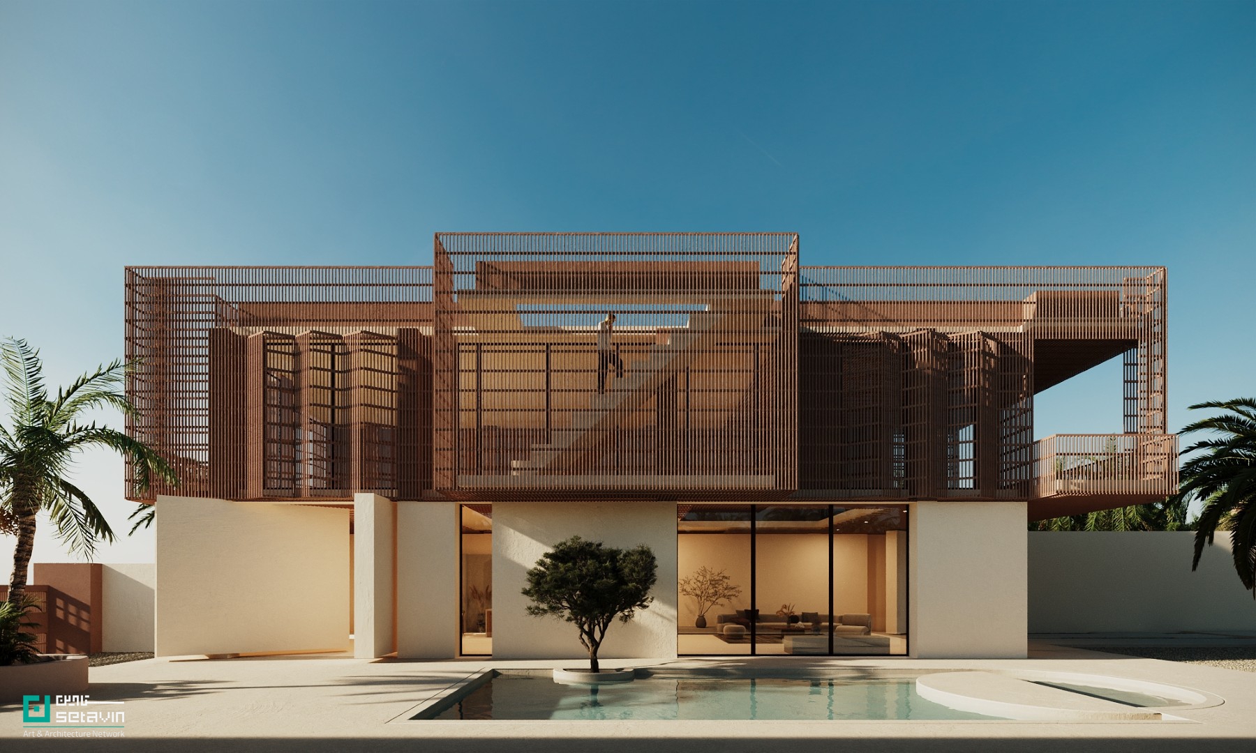 ویلای شماره ۳۸, Villa No.38, دفتر معماری شباهنگ, Shabahang Architecture Office, قشم, Qeshm, پوسته آجر, brick shell, نما نیمه‌شفاف, semi-transparent façade, معماری اقلیمی, climatic architecture, ویلا ساحلی, coastal villa