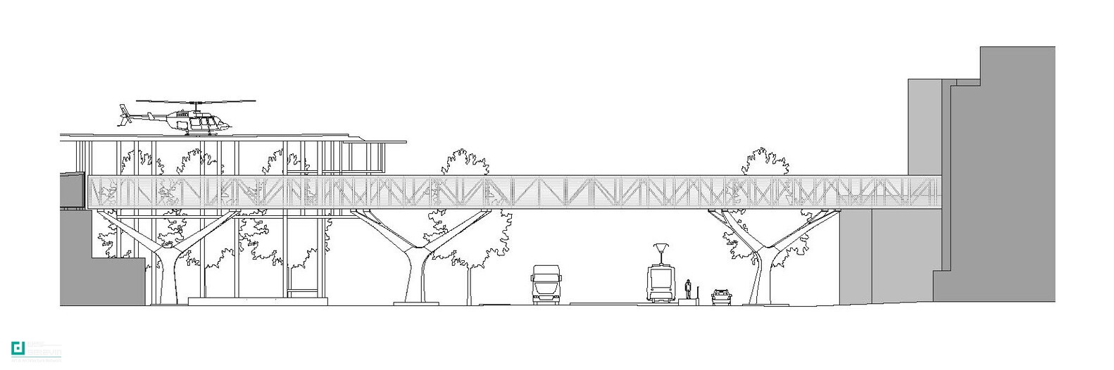 Bridge Municipal Hospital Karlsruhe, Caspar Schols, Werner Sobek, Healthcare Architecture, Infrastructure Design, Bridge Design, Germany, معماری پل, معماری درمانی, زیرساخت شهری, پل بیمارستانی, طراحی شهری پایدار, Helipad Architecture, Karlsruhe Architecture