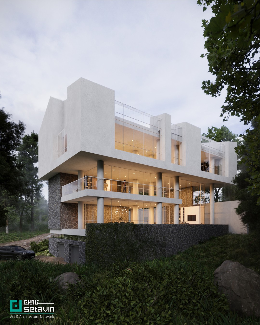 معماری، معماری ایران، معماری معاصر، بافت روستایی، مازندران، لاویج، خانه مسکونی، تعلیق حجم، پیوند با بستر، طراحی زمینه‌گرا، دفتر معماری شباهنگ، سروش روغنیان، الهه موسوی، پروژه مسکونی ۱۴۰۴، Shabahang Architecture Office, Lavij House, Detached Ground, Mazandaran architecture, Iranian contemporary architecture, Context-based design, Suspended mass, Residential architecture Iran, Architectural concept