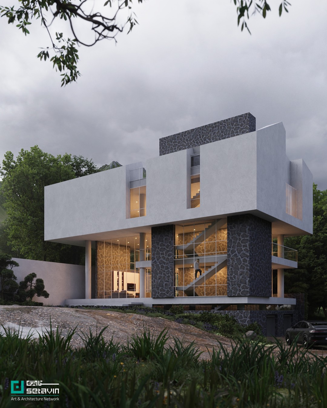 معماری، معماری ایران، معماری معاصر، بافت روستایی، مازندران، لاویج، خانه مسکونی، تعلیق حجم، پیوند با بستر، طراحی زمینه‌گرا، دفتر معماری شباهنگ، سروش روغنیان، الهه موسوی، پروژه مسکونی ۱۴۰۴، Shabahang Architecture Office, Lavij House, Detached Ground, Mazandaran architecture, Iranian contemporary architecture, Context-based design, Suspended mass, Residential architecture Iran, Architectural concept