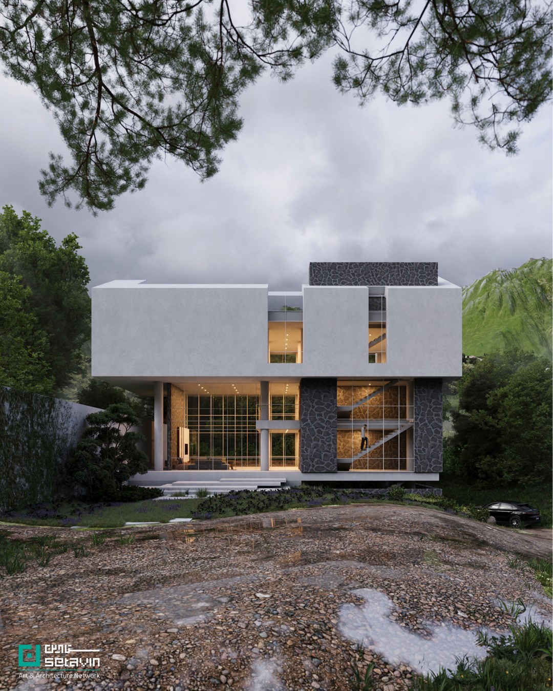 معماری، معماری ایران، معماری معاصر، بافت روستایی، مازندران، لاویج، خانه مسکونی، تعلیق حجم، پیوند با بستر، طراحی زمینه‌گرا، دفتر معماری شباهنگ، سروش روغنیان، الهه موسوی، پروژه مسکونی ۱۴۰۴، Shabahang Architecture Office, Lavij House, Detached Ground, Mazandaran architecture, Iranian contemporary architecture, Context-based design, Suspended mass, Residential architecture Iran, Architectural concept