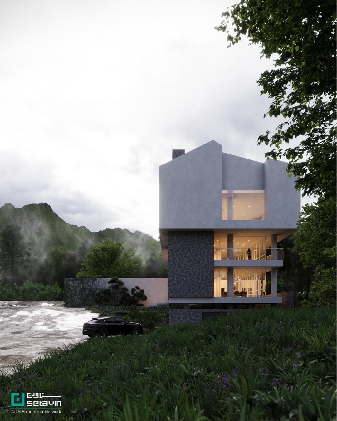 معماری، معماری ایران، معماری معاصر، بافت روستایی، مازندران، لاویج، خانه مسکونی، تعلیق حجم، پیوند با بستر، طراحی زمینه‌گرا، دفتر معماری شباهنگ، سروش روغنیان، الهه موسوی، پروژه مسکونی ۱۴۰۴، Shabahang Architecture Office, Lavij House, Detached Ground, Mazandaran architecture, Iranian contemporary architecture, Context-based design, Suspended mass, Residential architecture Iran, Architectural concept