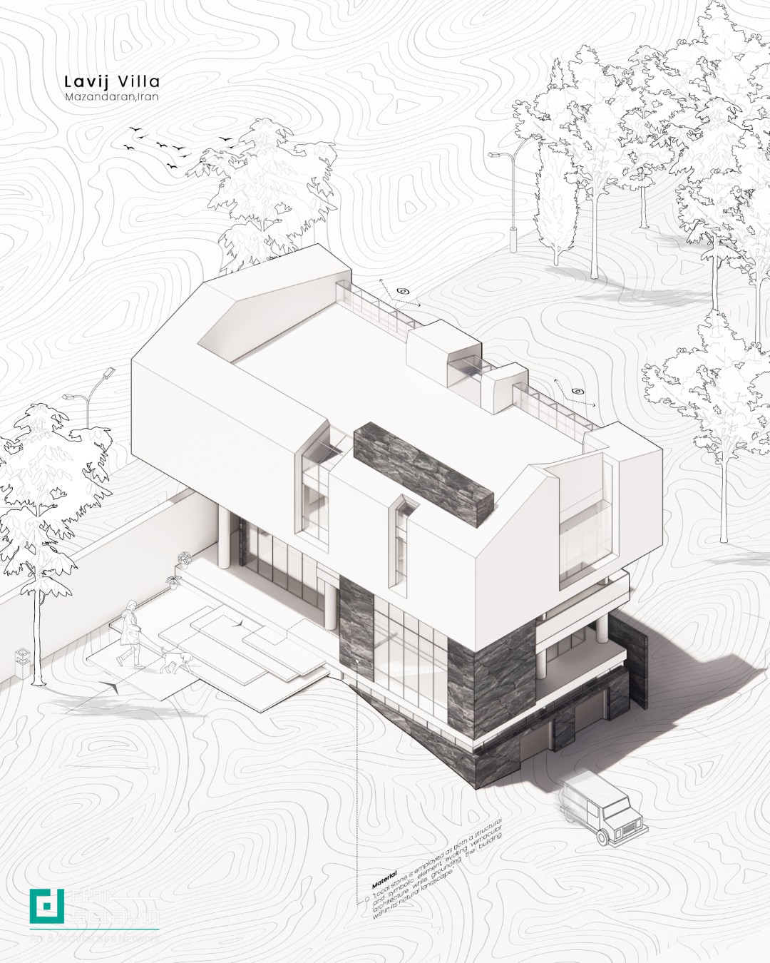 معماری، معماری ایران، معماری معاصر، بافت روستایی، مازندران، لاویج، خانه مسکونی، تعلیق حجم، پیوند با بستر، طراحی زمینه‌گرا، دفتر معماری شباهنگ، سروش روغنیان، الهه موسوی، پروژه مسکونی ۱۴۰۴، Shabahang Architecture Office, Lavij House, Detached Ground, Mazandaran architecture, Iranian contemporary architecture, Context-based design, Suspended mass, Residential architecture Iran, Architectural concept