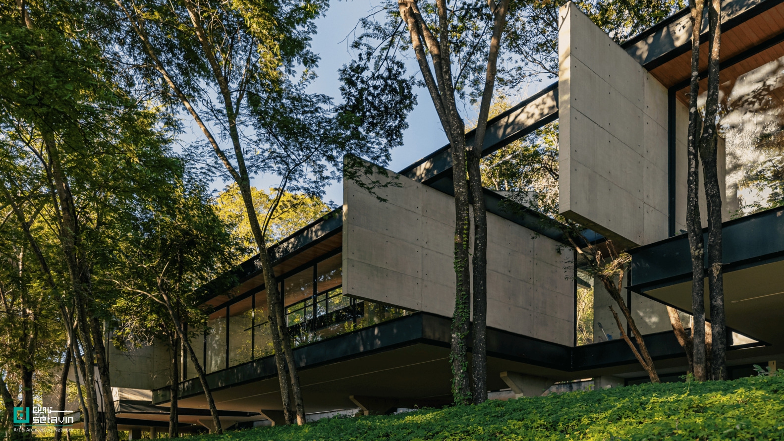 خانه آدنتِرو (Adentro House) در برزیل اثر دفتر معماری TETRO؛ سازمانی افقی و مدرن با حفظ کامل درختان کهن و تاکید بر پویایی فضاهای پر و خالی.