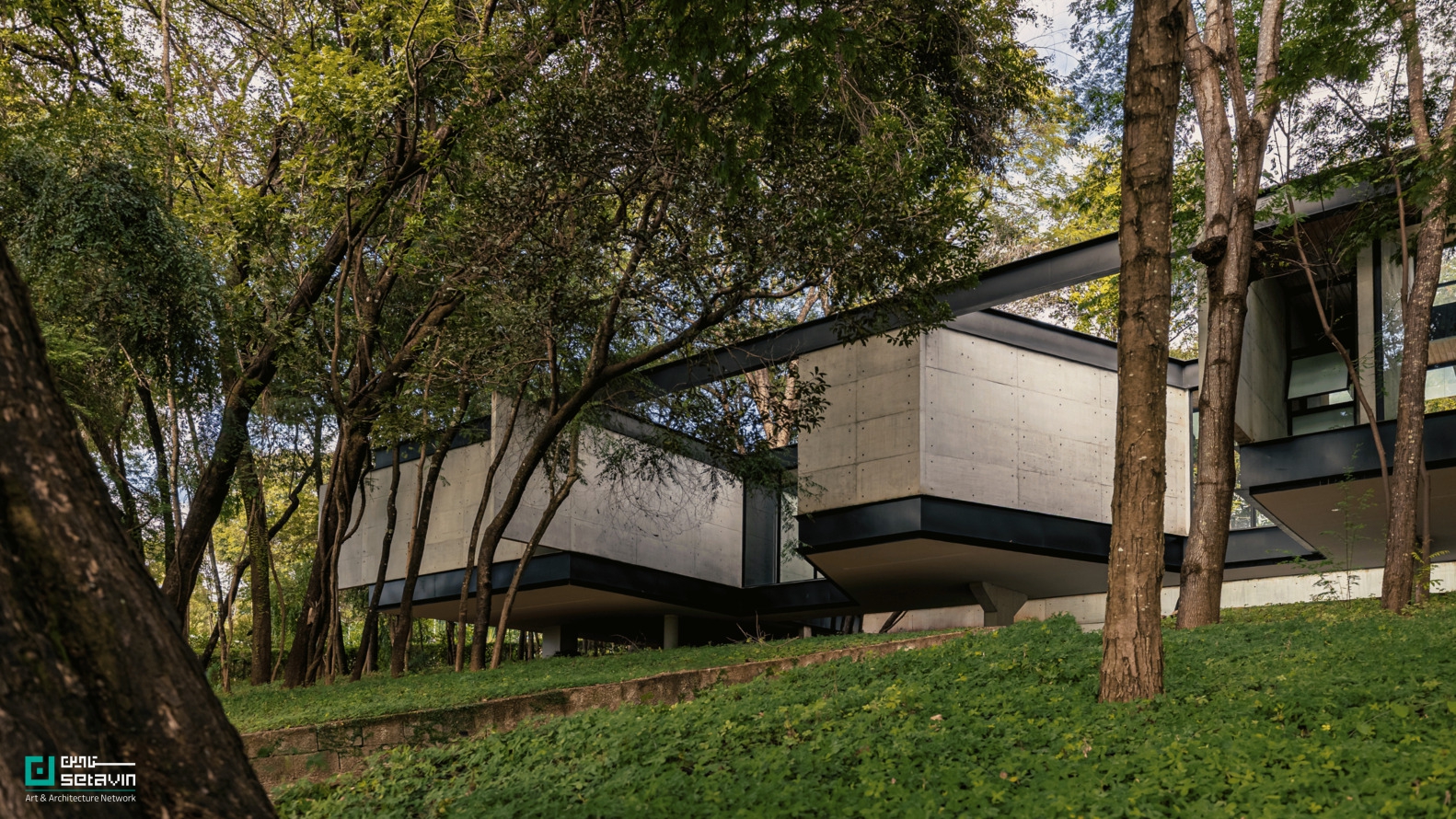 خانه آدنتِرو (Adentro House) در برزیل اثر دفتر معماری TETRO؛ سازمانی افقی و مدرن با حفظ کامل درختان کهن و تاکید بر پویایی فضاهای پر و خالی.