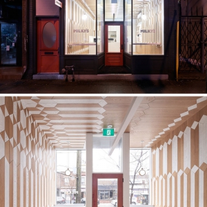 تصویر - طراحی داخلی کافی شاپ با دو رنگ متفاوت چوب - معماری