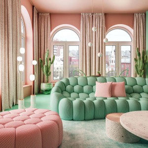 تصویر - طراحی داخلی آپارتمانی خاص در نیویورک با ترکیب رنگی صورتی پاستلی و سبز نعنایی - معماری
